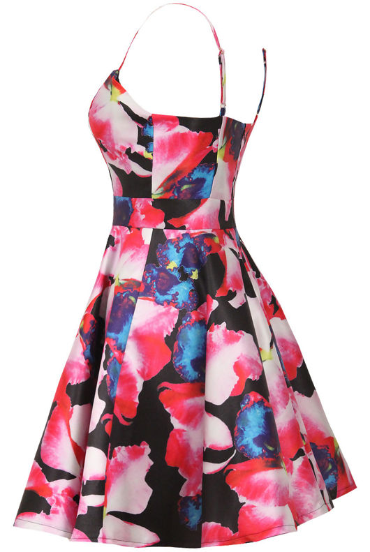 Black Floral Print Front V Cut Out Skater Dress 