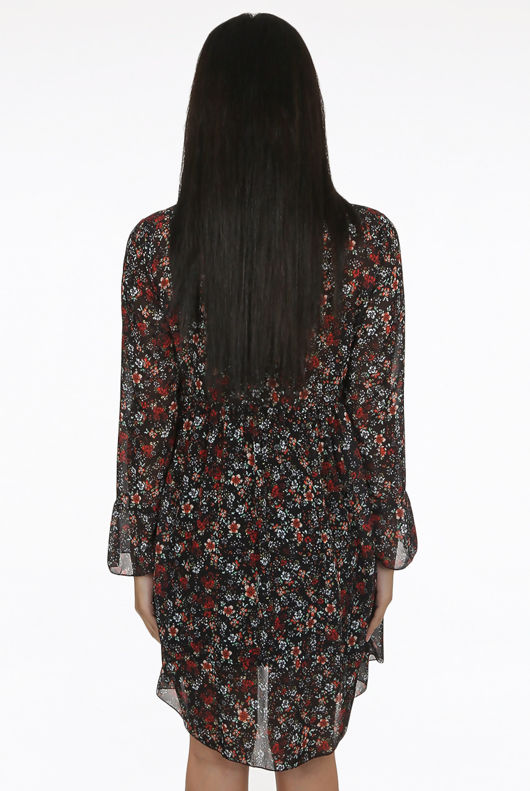 Black Chiffon Floral Print Front Knotted Mini Dress