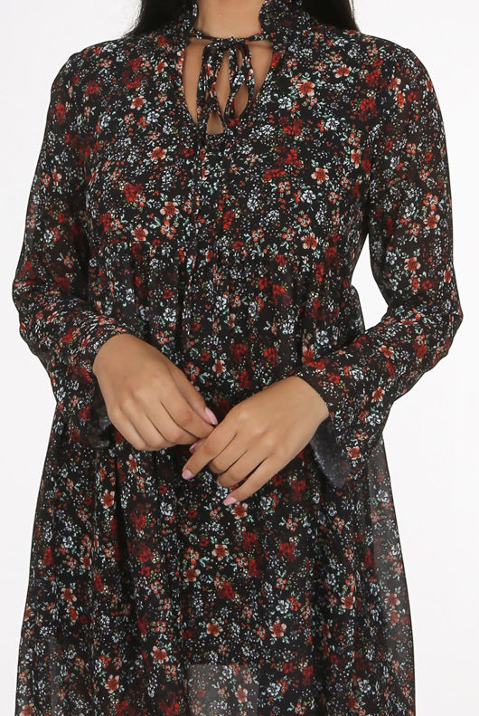 Black Chiffon Floral Print Front Knotted Mini Dress