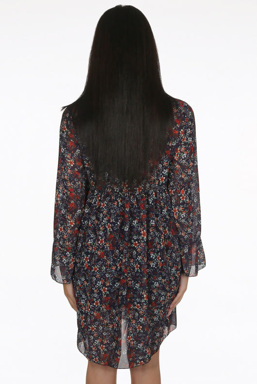 Navy Chiffon Floral Print Front Knotted Mini Dress