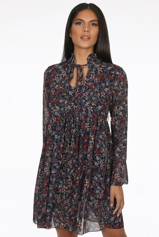 Navy Chiffon Floral Print Front Knotted Mini Dress