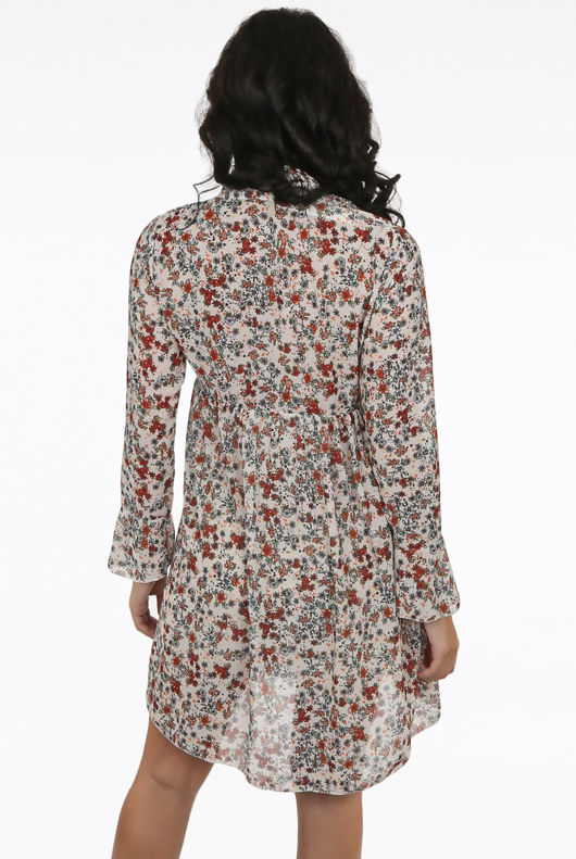 Beige Chiffon Floral Print Front Knotted Mini Dress