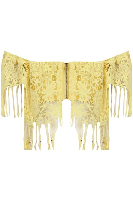 Yellow Floral Lace Off the Shoulder Tasselled Top