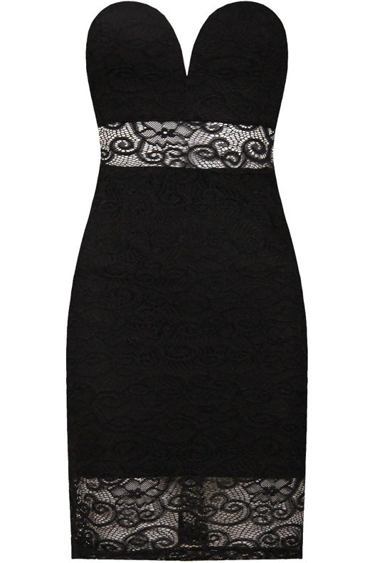 Black Lace Embroidered Bandeau Strapless Fitted Pencil Dress