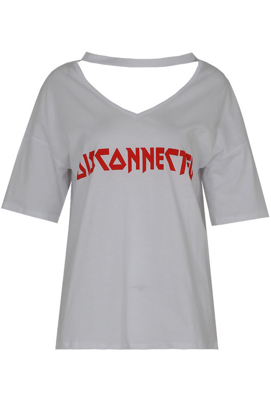White Choker Neck Printed Tee