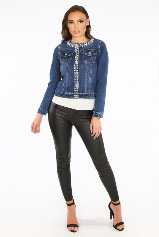 Pearls & Stones Trim Dark Denim Jacket