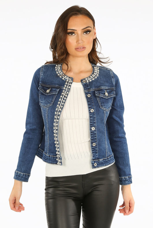 Pearls & Stones Trim Dark Denim Jacket