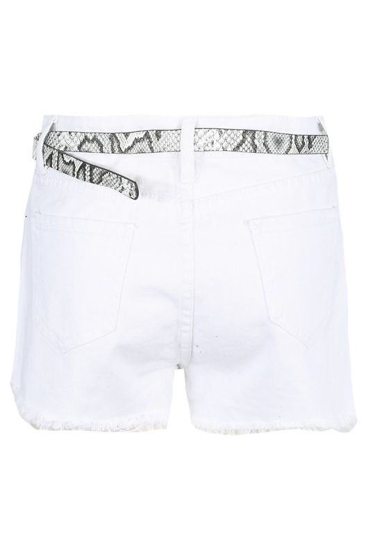 White Denim Ripped With Reptile Print Belted Shorts