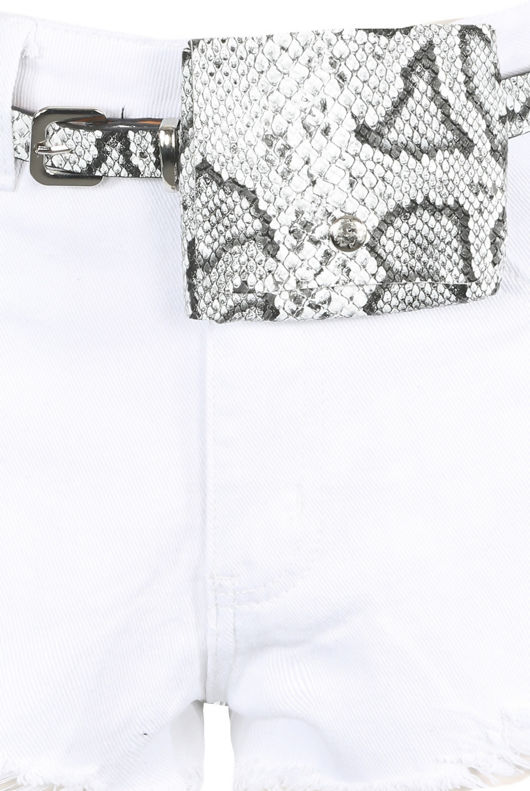 White Denim Ripped With Reptile Print Belted Shorts