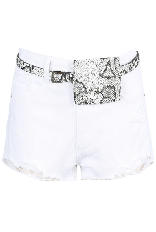White Denim Ripped With Reptile Print Belted Shorts