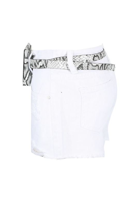 White Denim Ripped With Reptile Print Belted Shorts