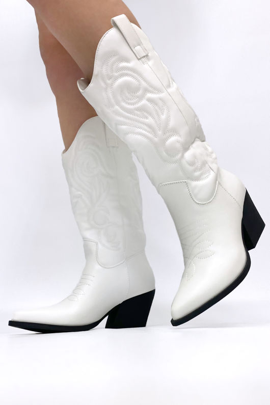 White Pu Stitch Detail Western Cowboy Boots