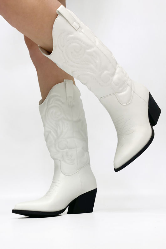 White Pu Stitch Detail Western Cowboy Boots