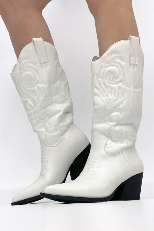 White Pu Stitch Detail Western Cowboy Boots
