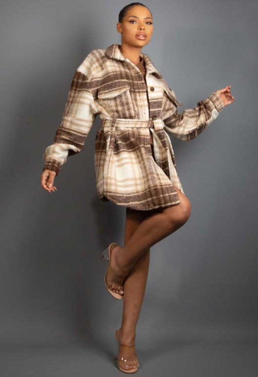 Taupe Belted Chunky Shackets In Check