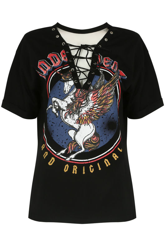 Black Unicorn Printed Lace Up Tee