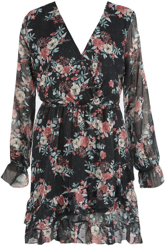 Black Contrast Floral Print Elasticated Waist Wrap Dress