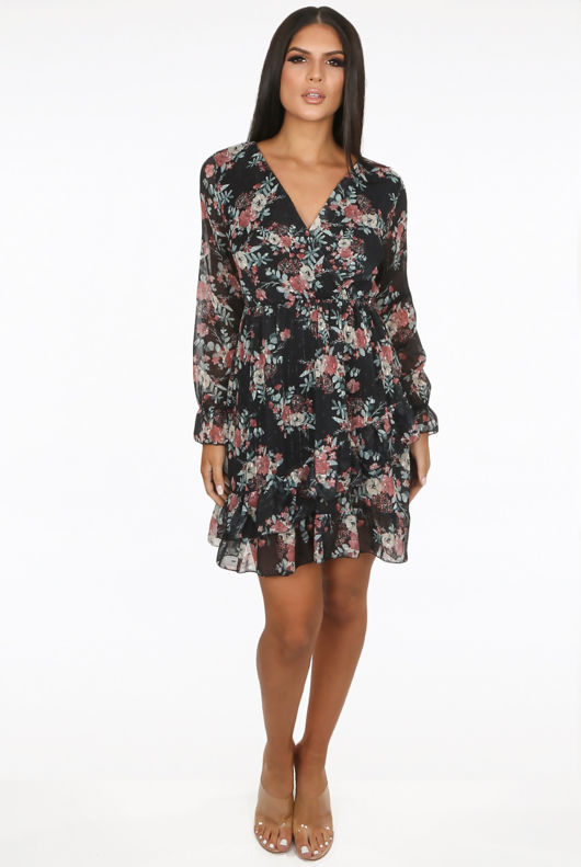 Black Contrast Floral Print Elasticated Waist Wrap Dress