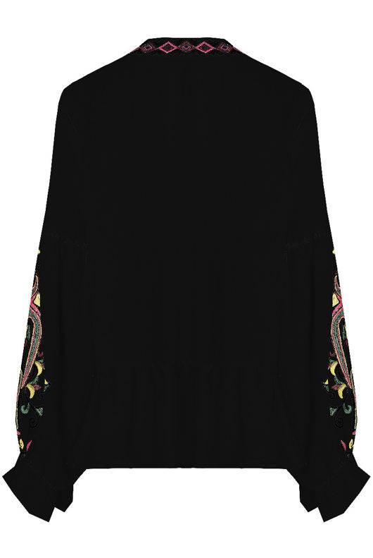 Black Floral Embroidery Front Tie Up Tops 