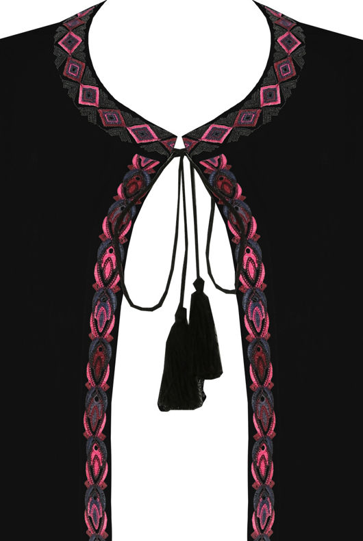 Black Floral Embroidery Front Tie Up Tops 