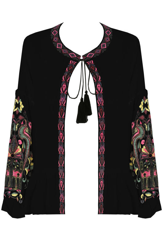 Black Floral Embroidery Front Tie Up Tops 