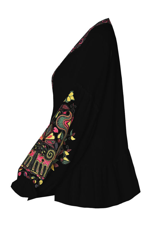 Black Floral Embroidery Front Tie Up Tops 