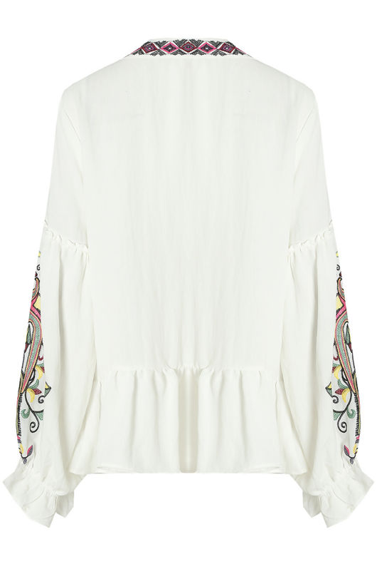 White Floral Embroidery Front Tie Up Tops 