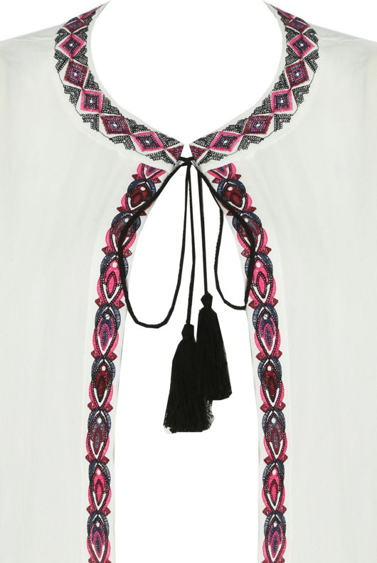 White Floral Embroidery Front Tie Up Tops 