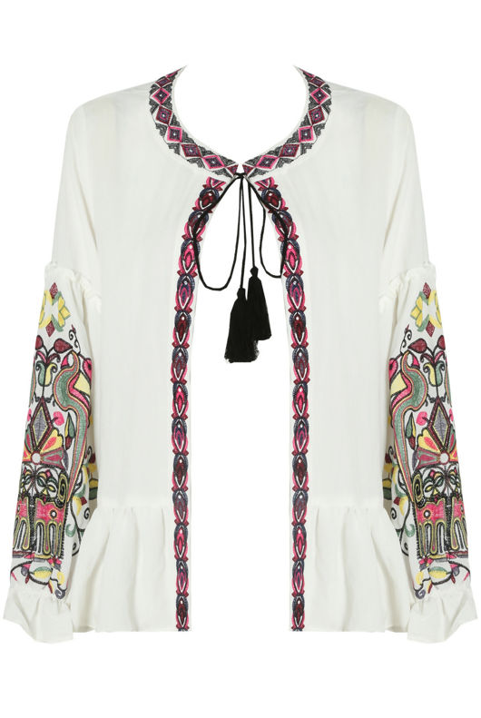 White Floral Embroidery Front Tie Up Tops 