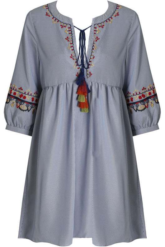 Blue Striped Embroidery Shift Dress