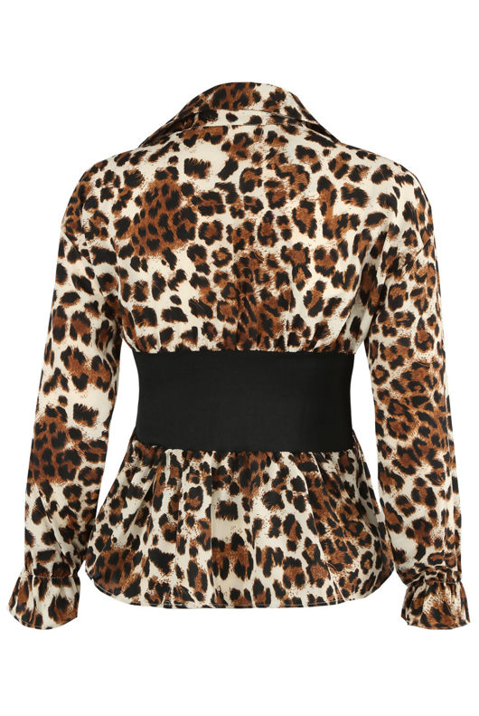 Beige Leopard Print Banded Waist Peplum Blouse