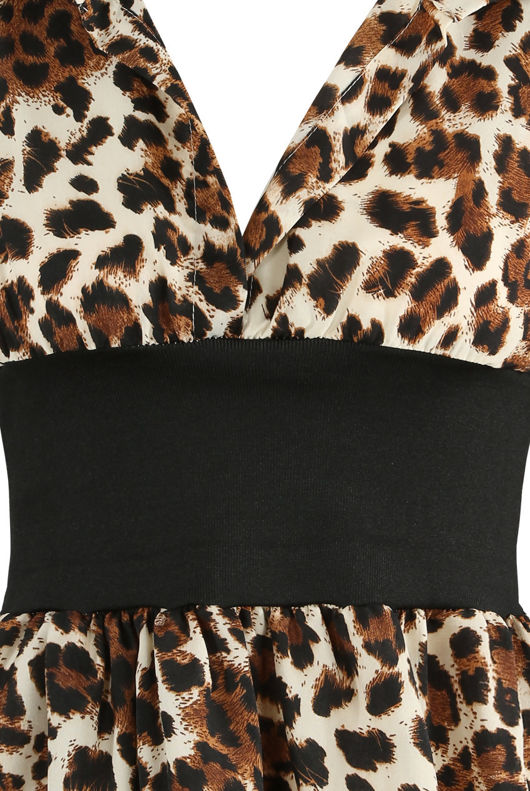 Beige Leopard Print Banded Waist Peplum Blouse