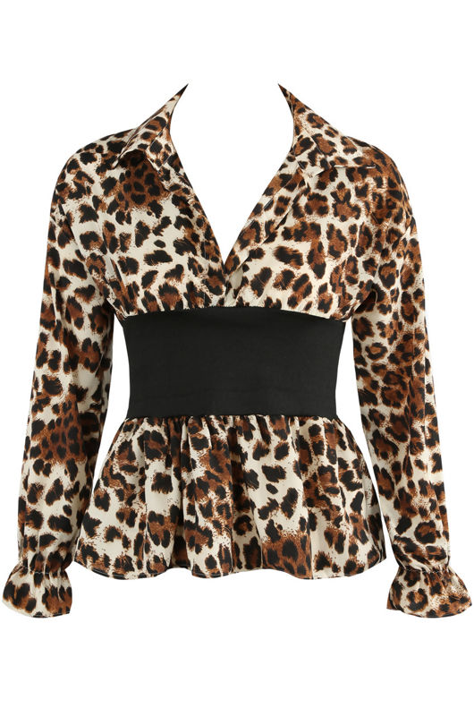 Beige Leopard Print Banded Waist Peplum Blouse