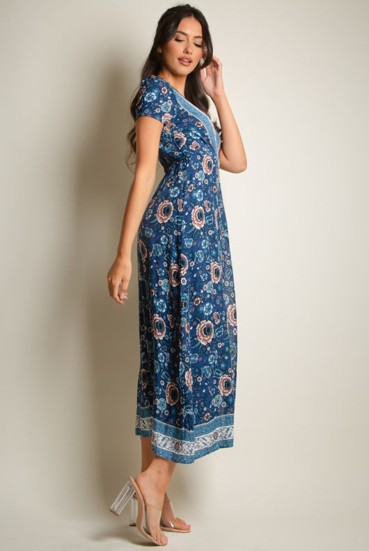 Blue Vintage Floral Print Wrap Maxi Dress
