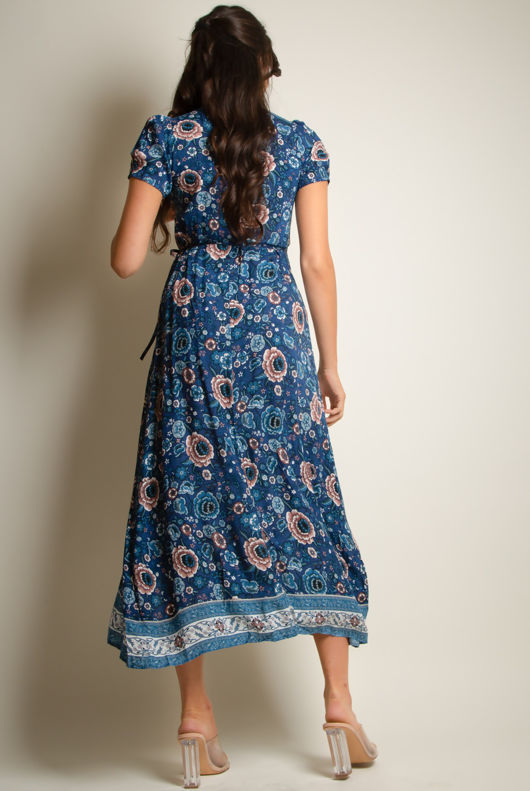 Blue Vintage Floral Print Wrap Maxi Dress