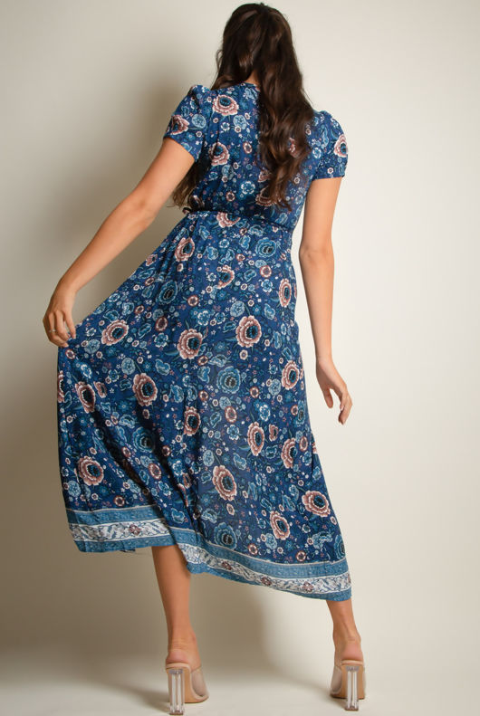 Blue Vintage Floral Print Wrap Maxi Dress