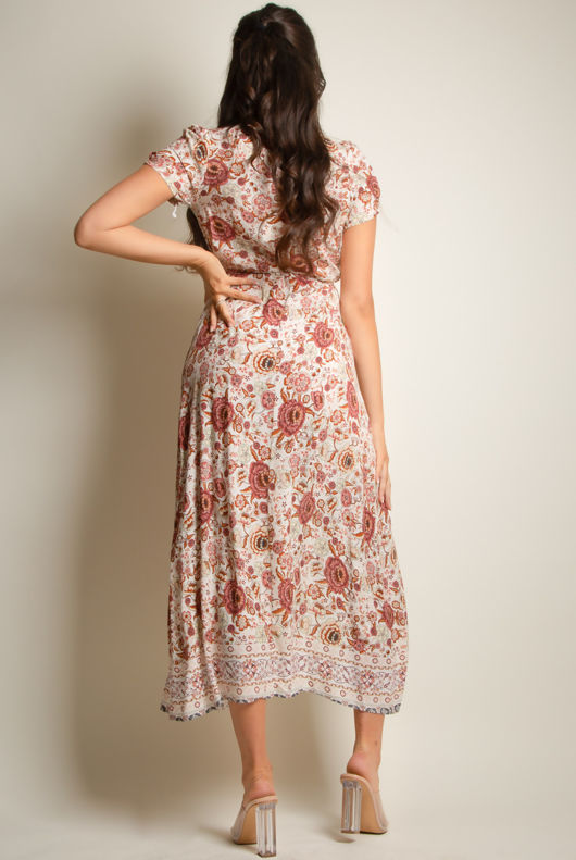 Beige Vintage Floral Print Wrap Maxi Dress