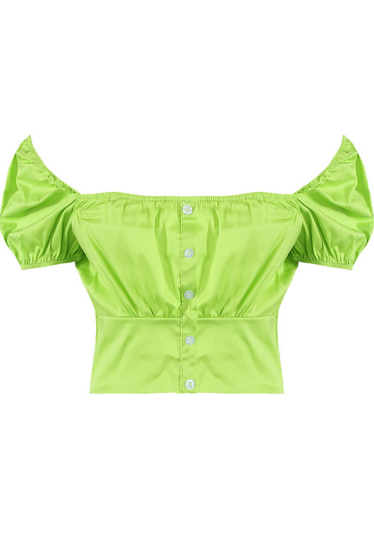 Green Ruched Shirred Bardot Blouse