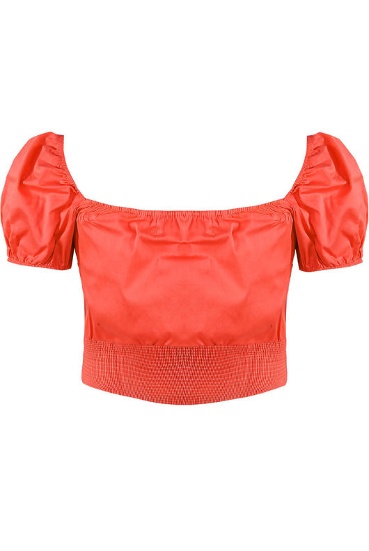 Red Ruched Shirred Bardot Blouse