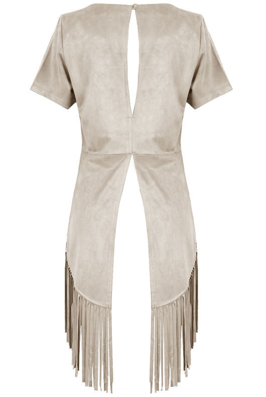 Beige Tassled Faux Suede Tops