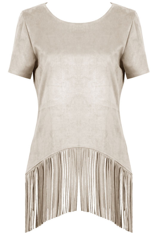 Beige Tassled Faux Suede Tops