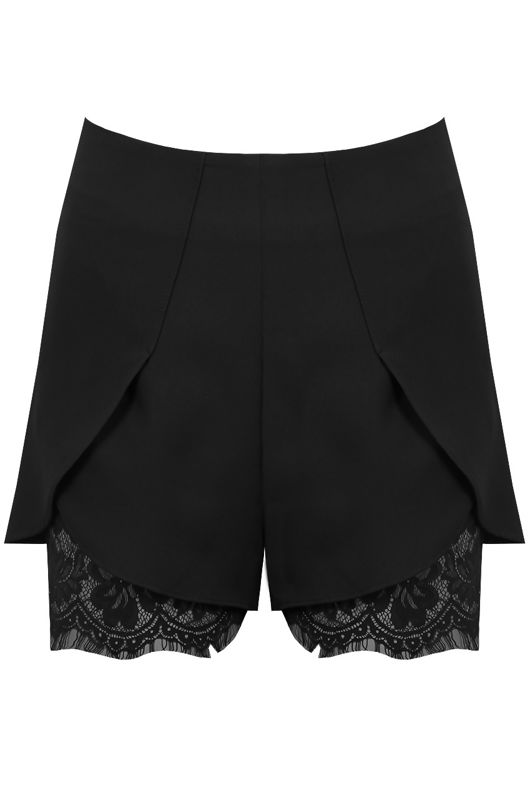 Black High Waisted Eyelash Lace Hem Shorts