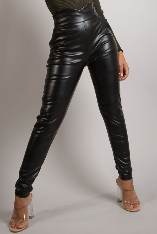 Black Scallop High Rise Faux Leather Pants