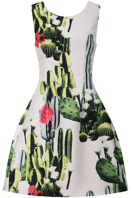 Green & Cream Cactus Print Organza Flare Dress 