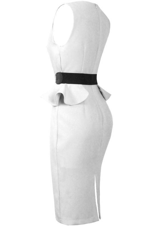 White Belted Peplum Dress