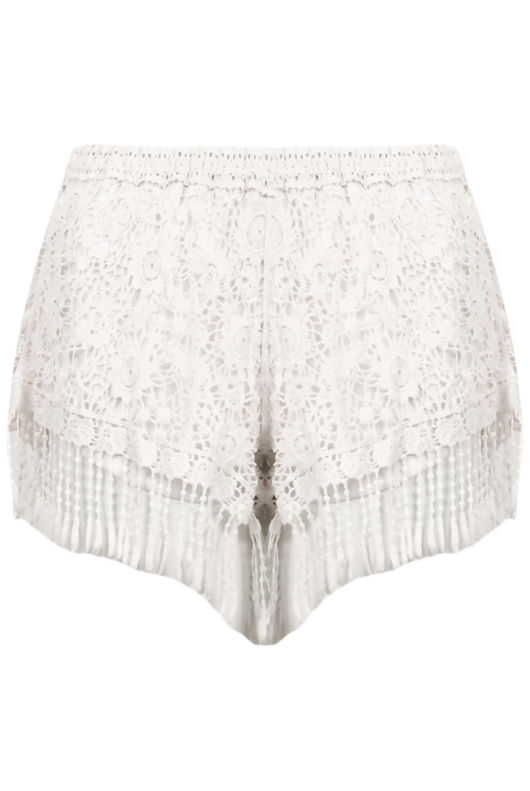 White Crochet Fringe Lined Shorts