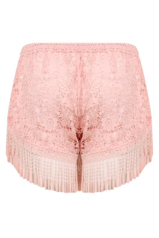 Pink Crochet Fringe Lined Shorts