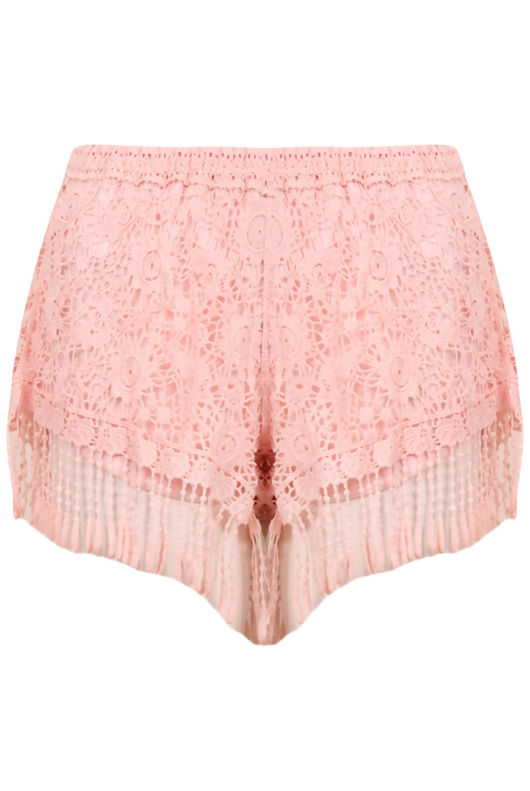 Pink Crochet Fringe Lined Shorts