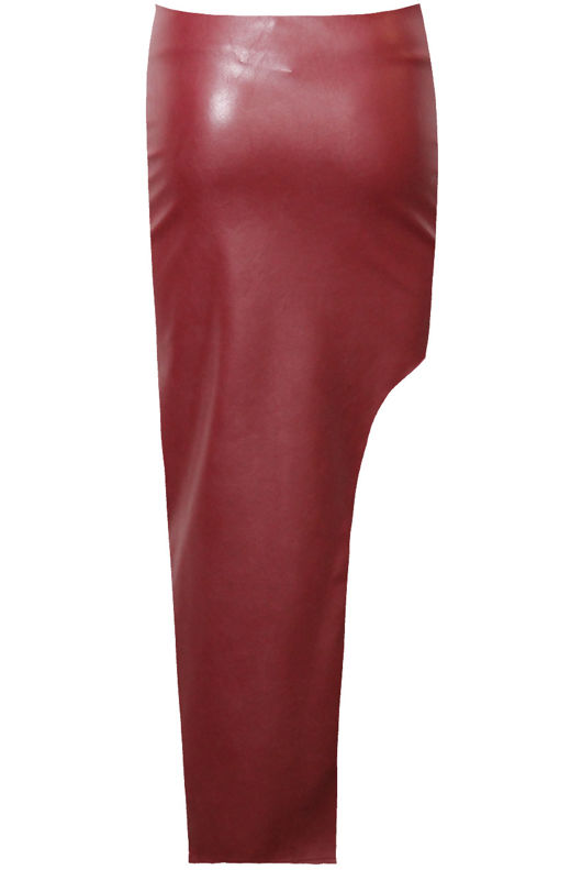 Wine PVC Cross Textured Side Slit Zip Up Maxi Skirts 