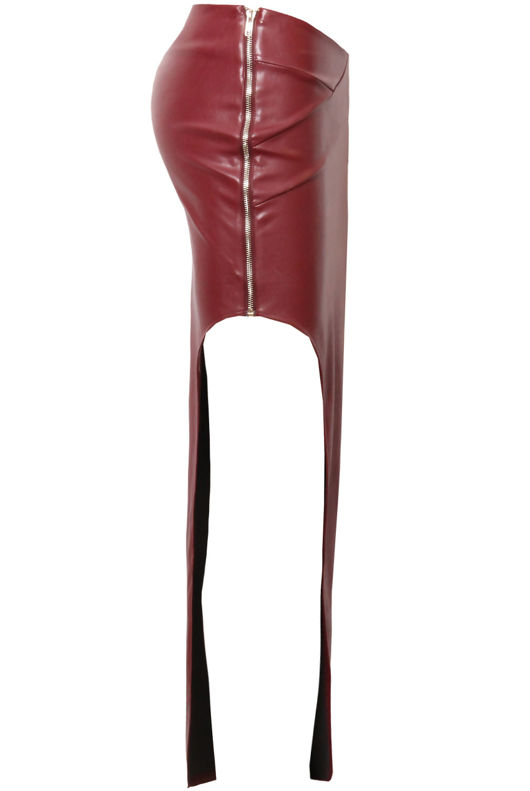 Wine PVC Cross Textured Side Slit Zip Up Maxi Skirts 